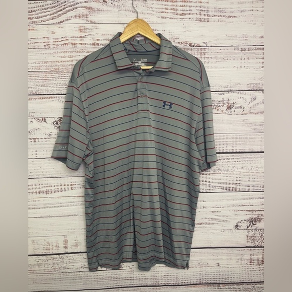Under Armour Mens‎ Polo Shirt ColdBlack HeatGear Loose Fit Gray Red Stripe XL